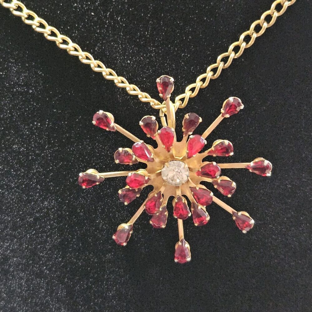 **Sale** Vintage Red Rhinestone Burst Pendant Necklace 17.5"